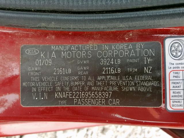 KNAFE221695658397 - 2009 KIA SPECTRA EX RED photo 10