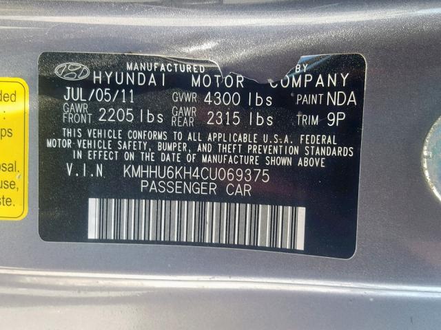 KMHHU6KH4CU069375 - 2012 HYUNDAI GENESIS CO GRAY photo 10