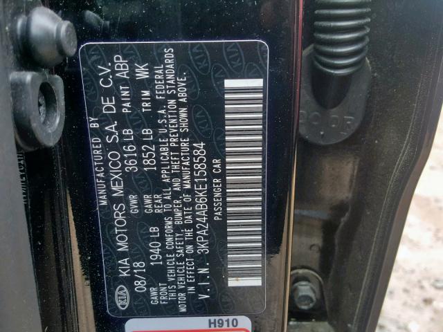 3KPA24AB6KE158584 - 2019 KIA RIO S BLACK photo 10