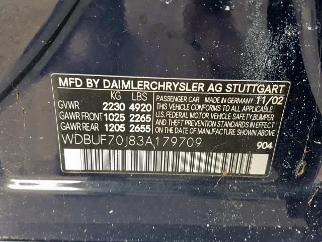 WDBUF70J83A179709 - 2003 MERCEDES-BENZ E 500 BLUE photo 10