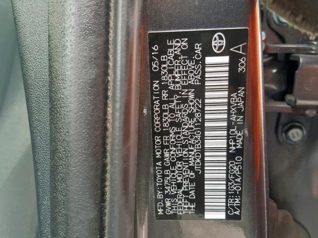 JTDKDTB34G1128722 - 2016 TOYOTA PRIUS C GRAY photo 10