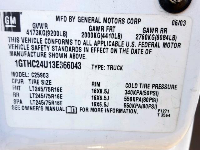 1GTHC24U13E366043 - 2003 GMC SIERRA C25 WHITE photo 10