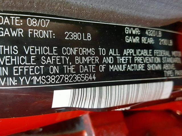 YV1MS382782365644 - 2008 VOLVO S40 2.4I RED photo 10