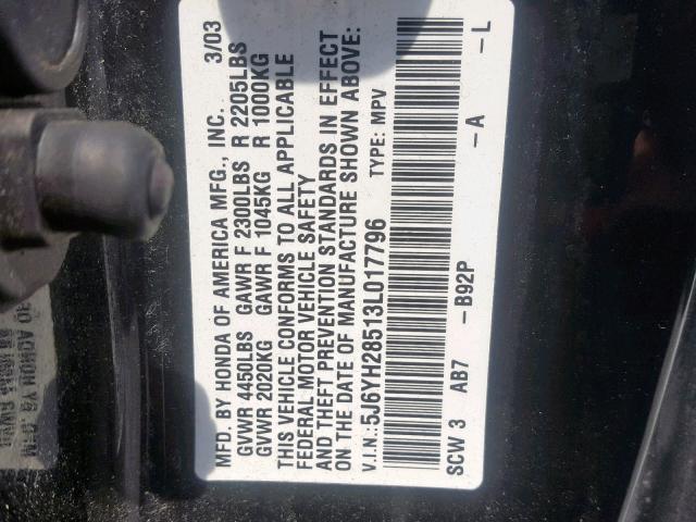 5J6YH28513L017796 - 2003 HONDA ELEMENT EX BLACK photo 10