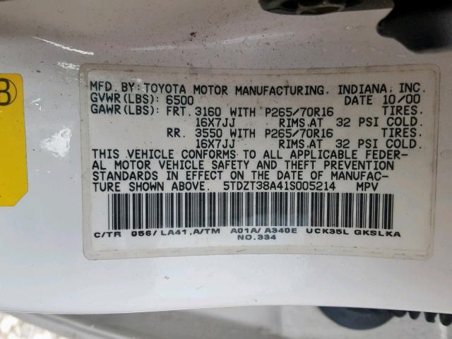 5TDZT38A41S005214 - 2001 TOYOTA SEQUOIA LI WHITE photo 10