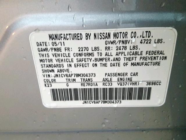 JN1CV6AP7BM304373 - 2011 INFINITI G37 BASE SILVER photo 10