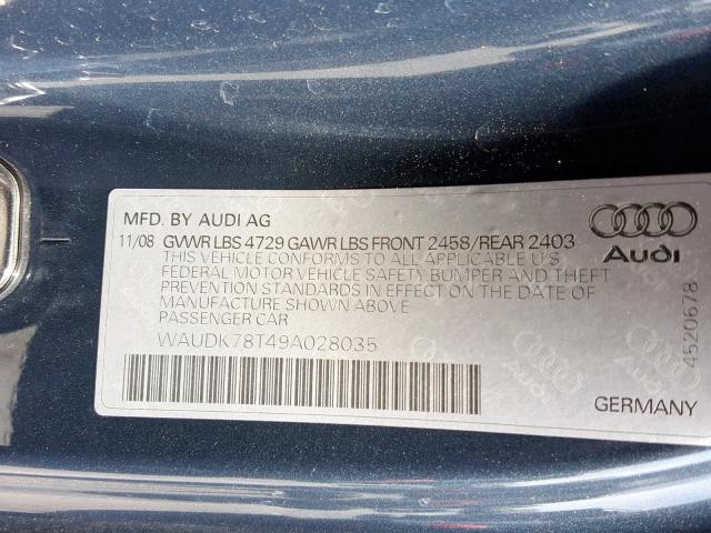 WAUDK78T49A028035 - 2009 AUDI A5 QUATTRO GRAY photo 10