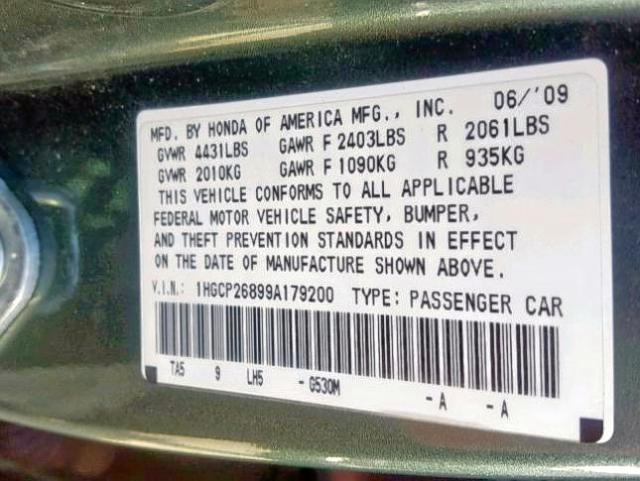 1HGCP26899A179200 - 2009 HONDA ACCORD EXL GREEN photo 10