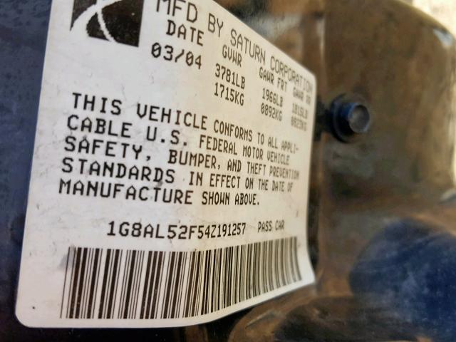 1G8AL52F54Z191257 - 2004 SATURN ION LEVEL GRAY photo 10