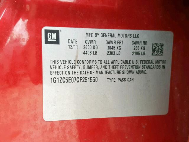 1G1ZC5E07CF251550 - 2012 CHEVROLET MALIBU 1LT 勃艮第红 照片 10