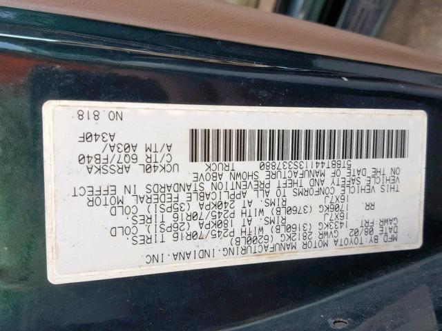 5TBBT44113S337880 - 2003 TOYOTA TUNDRA ACC GREEN photo 10