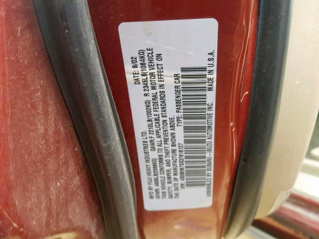 4S3BH675X37616127 - 2003 SUBARU LEGACY OUT MAROON photo 10