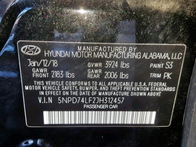 5NPD74LF2JH312457 - 2018 HYUNDAI ELANTRA SE BLACK photo 10