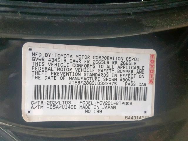 JT8BF28G910332975 - 2001 LEXUS ES 300 BLACK photo 10