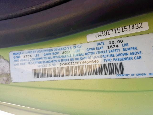 3VWCC21C6YM468846 - 2000 VOLKSWAGEN NEW BEETLE მწვანე ფოტო 10