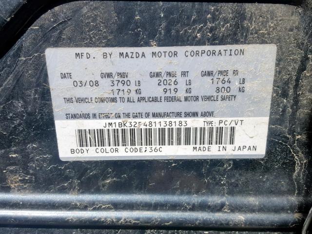 JM1BK32F481138183 - 2008 MAZDA 3 I GRAY photo 10