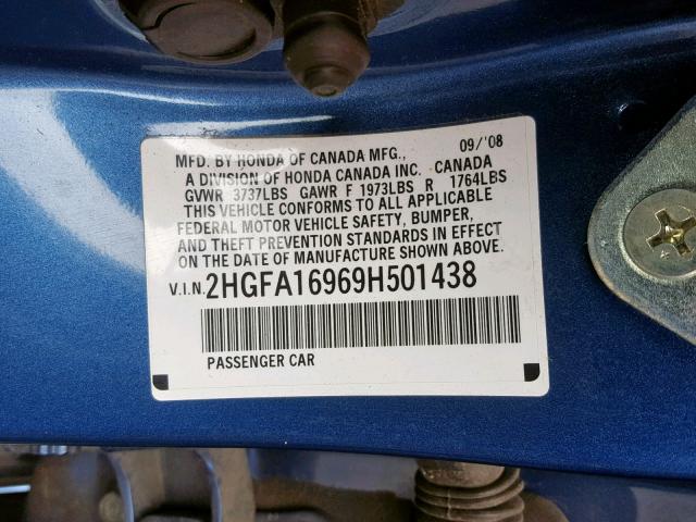 2HGFA16969H501438 - 2009 HONDA CIVIC EXL BLUE photo 10