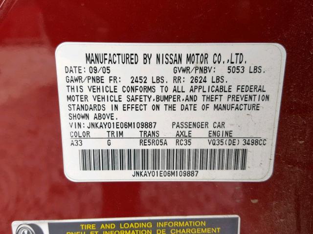 JNKAY01E06M109887 - 2006 INFINITI M35 BASE RED photo 10