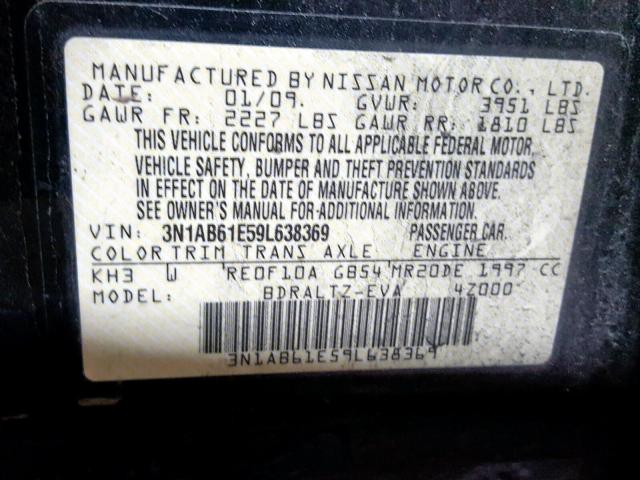 3N1AB61E59L638369 - 2009 NISSAN SENTRA 2.0 BLACK photo 10