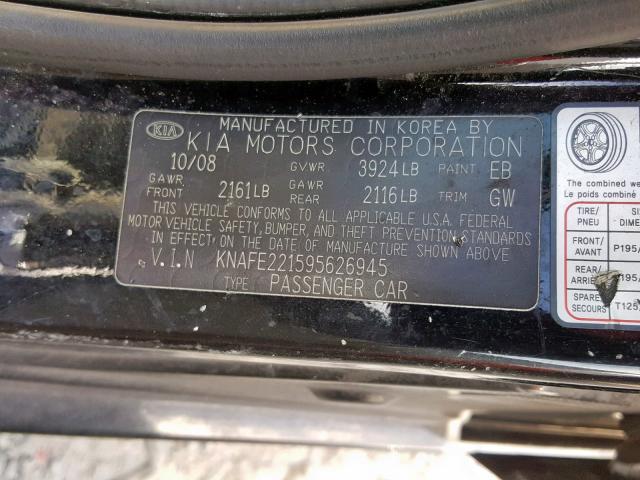 KNAFE221595626945 - 2009 KIA SPECTRA EX BLACK photo 10