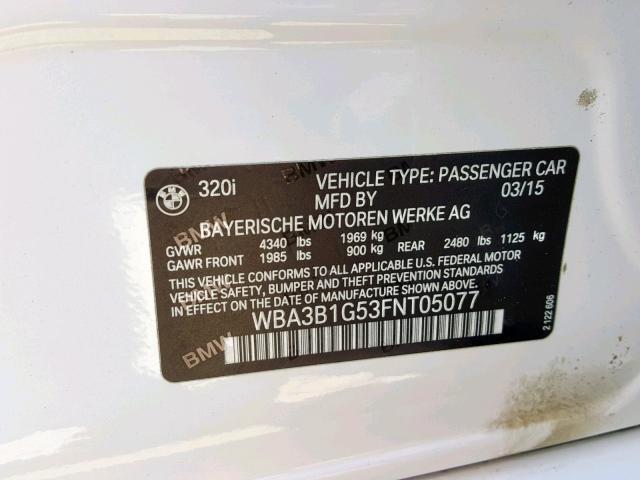 WBA3B1G53FNT05077 - 2015 BMW 320 I WHITE photo 10