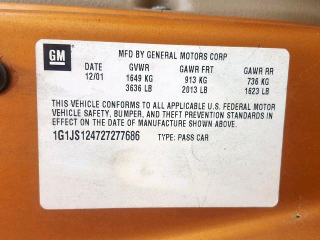 1G1JS124727277686 - 2002 CHEVROLET CAVALIER L GOLD photo 10