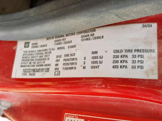 1GCCS196348191120 - 2004 CHEVROLET COLORADO RED photo 10