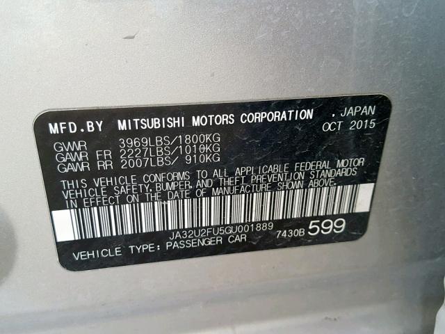 JA32U2FU5GU001889 - 2016 MITSUBISHI LANCER ES SILVER photo 10