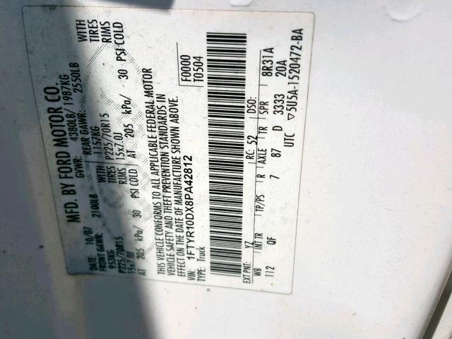 1FTYR10DX8PA42812 - 2008 FORD RANGER WHITE photo 10