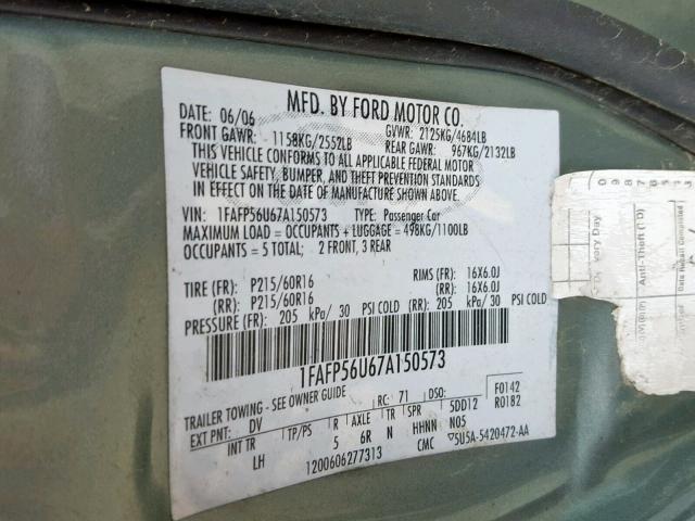 1FAFP56U67A150573 - 2007 FORD TAURUS SEL GRAY photo 10