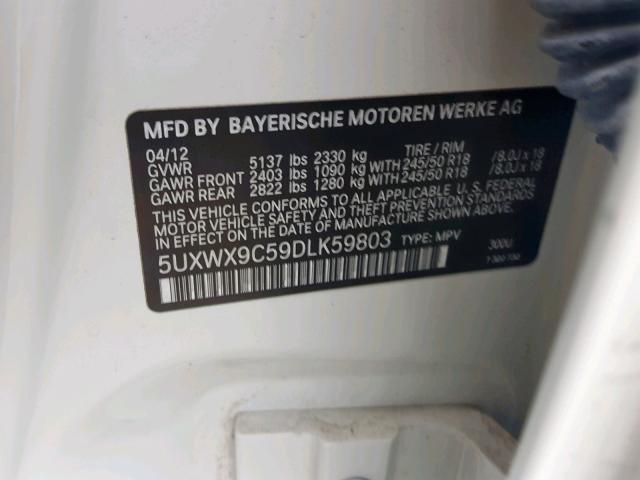 5UXWX9C59DLK59803 - 2013 BMW X3 XDRIVE2 WHITE photo 10