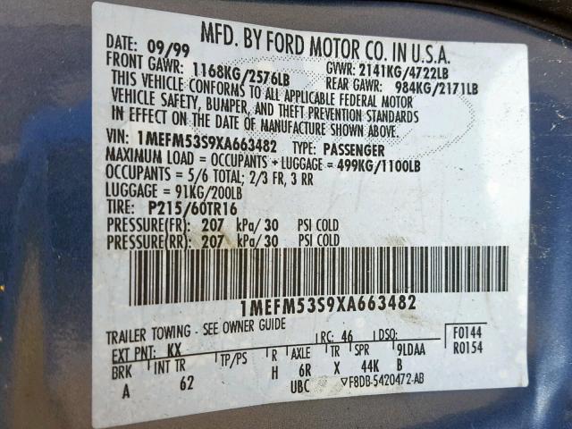 1MEFM53S9XA663482 - 1999 MERCURY SABLE LS BLUE photo 10