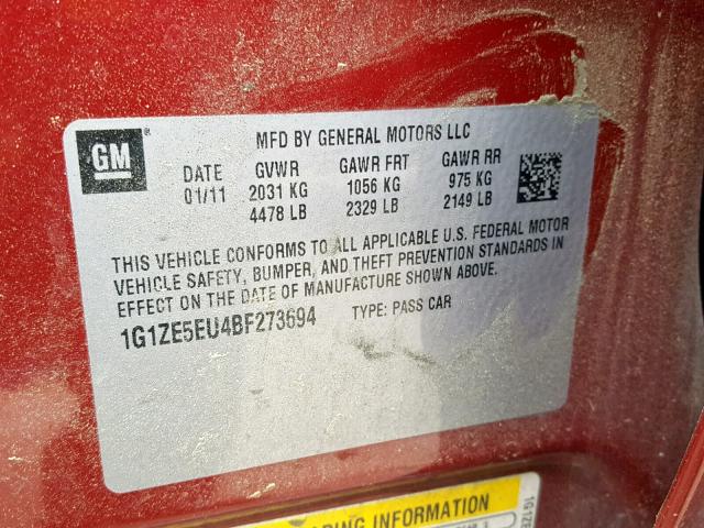 1G1ZE5EU4BF273694 - 2011 CHEVROLET MALIBU LTZ 勃艮第红 照片 10