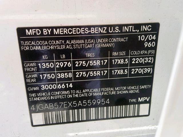 4JGAB57EX5A559954 - 2005 MERCEDES-BENZ ML 350 WHITE photo 10