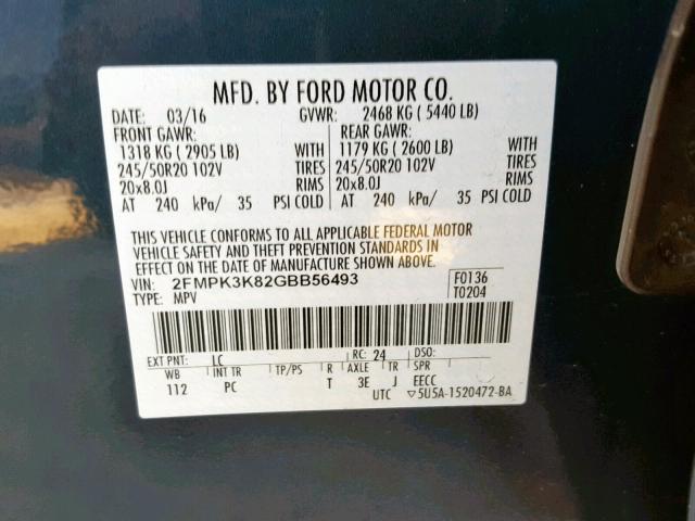 2FMPK3K82GBB56493 - 2016 FORD EDGE TITAN BLUE photo 10