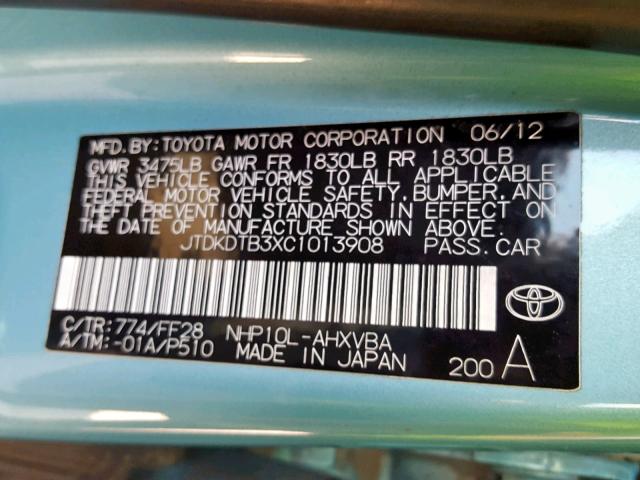 JTDKDTB3XC1013908 - 2012 TOYOTA PRIUS C BLUE photo 10