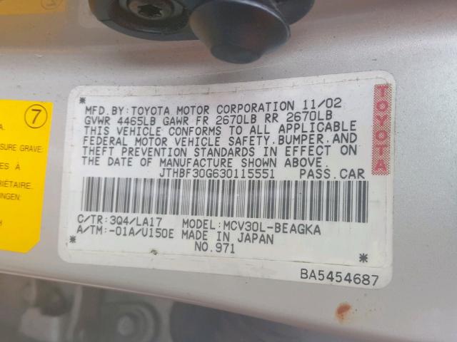 JTHBF30G630115551 - 2003 LEXUS ES 300 SILVER photo 10