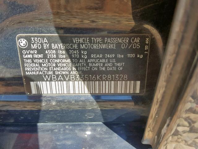 WBAVB33516KR81328 - 2006 BMW 330 I BLUE photo 10