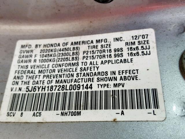 5J6YH18728L009144 - 2008 HONDA ELEMENT EX SILVER photo 10