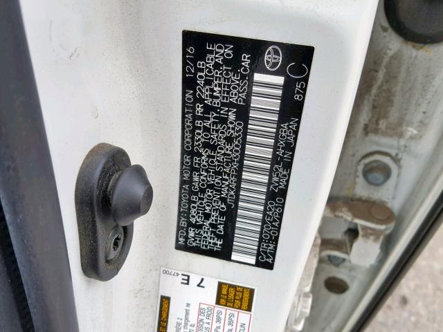 JTDKARFPXH3005330 - 2017 TOYOTA PRIUS PRIM თეთრი ფოტო 10