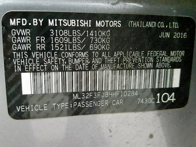 ML32F3FJ8HHF10284 - 2017 MITSUBISHI MIRAGE G4 GRAY photo 10