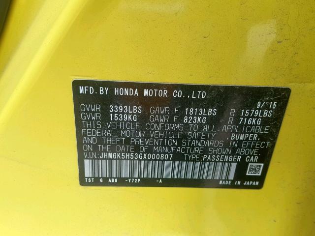 JHMGK5H53GX000807 - 2016 HONDA FIT LX YELLOW photo 10