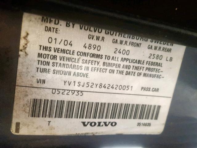 YV1SJ52Y842420051 - 2004 VOLVO V70 R GRAY photo 10