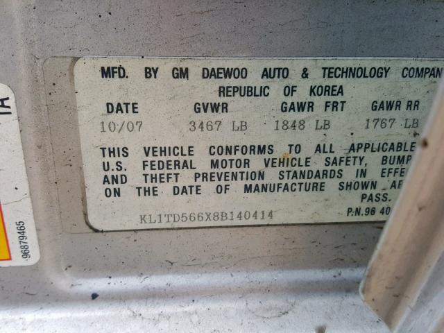 KL1TD566X8B140414 - 2008 CHEVROLET AVEO BASE ვერცხლისფერი ფოტო 10