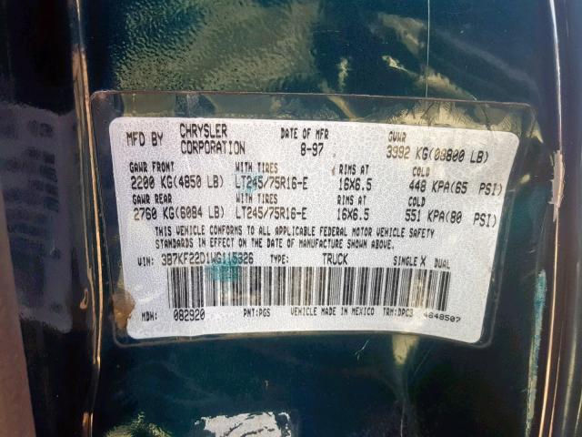 3B7KF22D1WG115326 - 1998 DODGE RAM 2500 GREEN photo 10