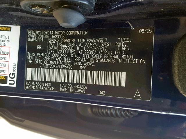 JTJBT20X760096420 - 2006 LEXUS GX 470 BLUE photo 10