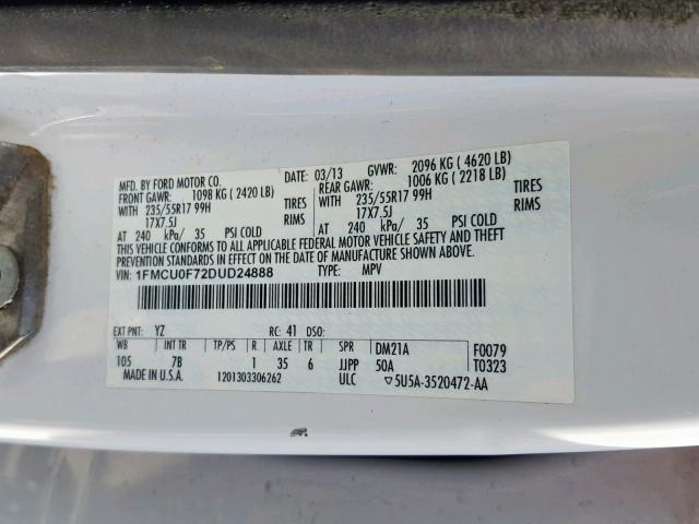 1FMCU0F72DUD24888 - 2013 FORD ESCAPE S WHITE photo 10