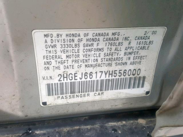 2HGEJ6617YH556000 - 2000 HONDA CIVIC BASE SILVER photo 10