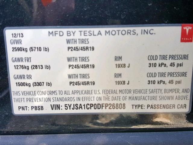 5YJSA1CP0DFP26808 - 2013 TESLA MODEL S BLACK photo 10