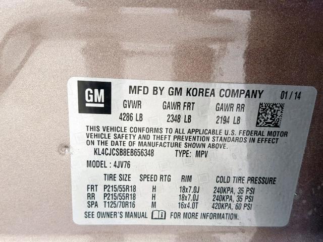 KL4CJCSB8EB656348 - 2014 BUICK ENCORE BROWN photo 10